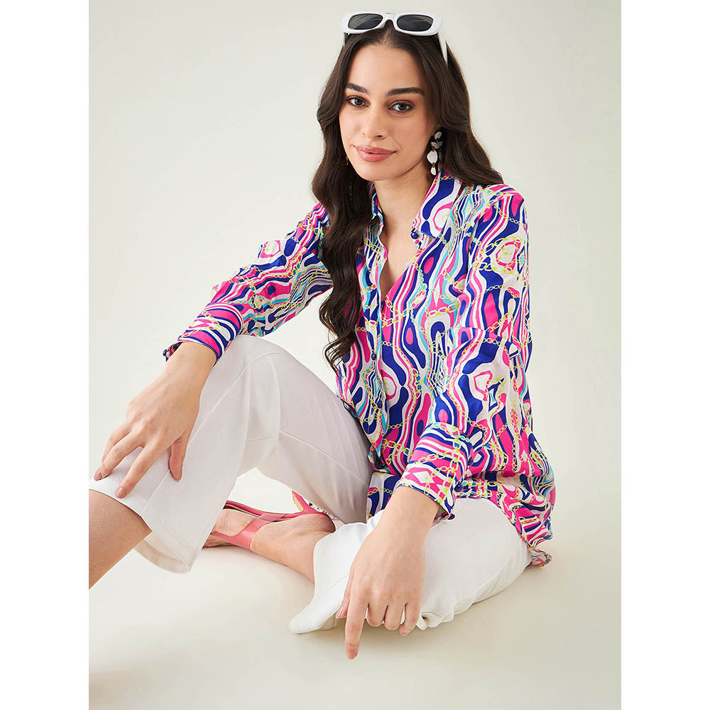 First Resort by Ramola Bachchan Blue and Pink Marine Wave Print Shirt