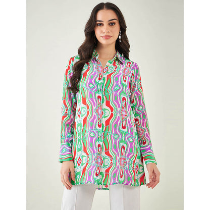 First Resort by Ramola Bachchan Green and Orange Marine Wave Print Shirt