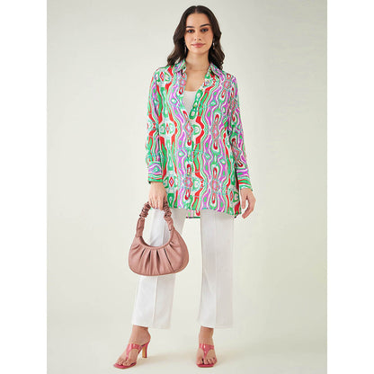 First Resort by Ramola Bachchan Green and Orange Marine Wave Print Shirt