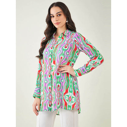 First Resort by Ramola Bachchan Green and Orange Marine Wave Print Shirt