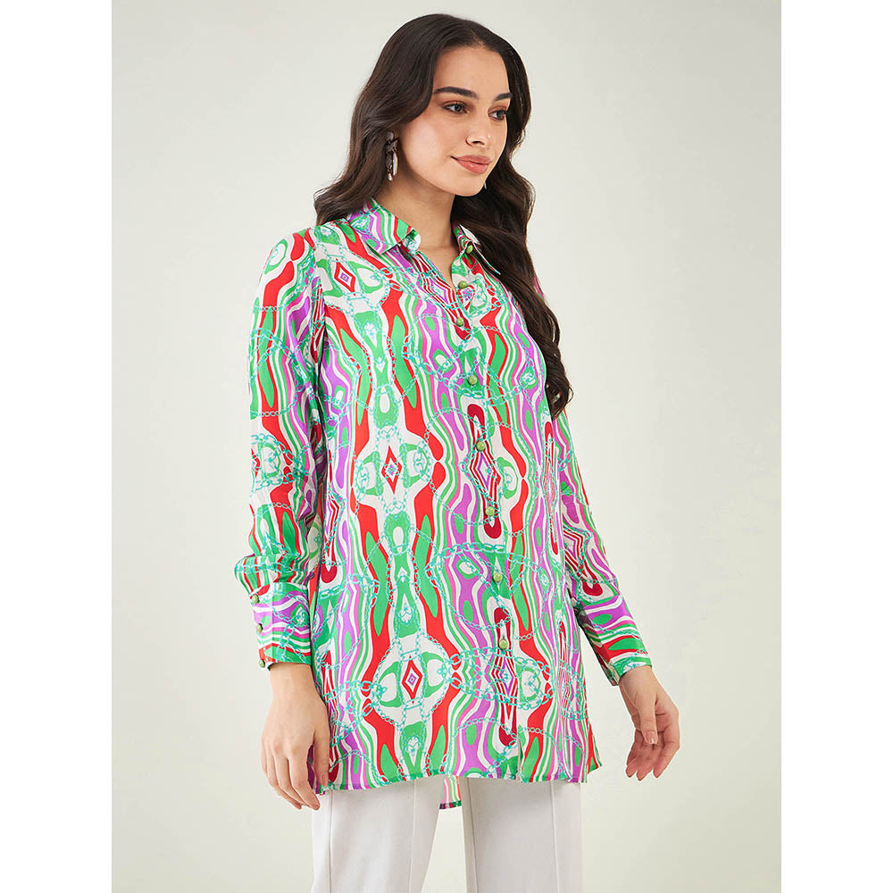 First Resort by Ramola Bachchan Green and Orange Marine Wave Print Shirt