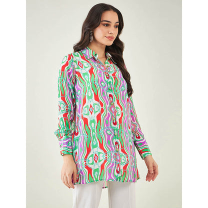 First Resort by Ramola Bachchan Green and Orange Marine Wave Print Shirt