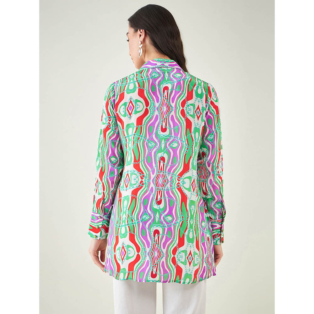 First Resort by Ramola Bachchan Green and Orange Marine Wave Print Shirt