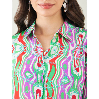 First Resort by Ramola Bachchan Green and Orange Marine Wave Print Shirt