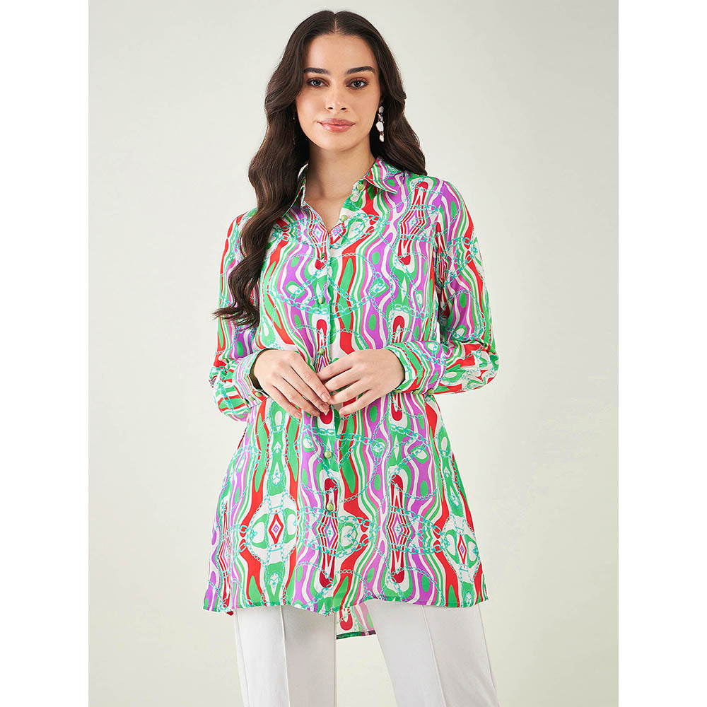 First Resort by Ramola Bachchan Green and Orange Marine Wave Print Shirt