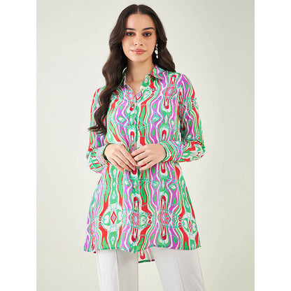First Resort by Ramola Bachchan Green and Orange Marine Wave Print Shirt