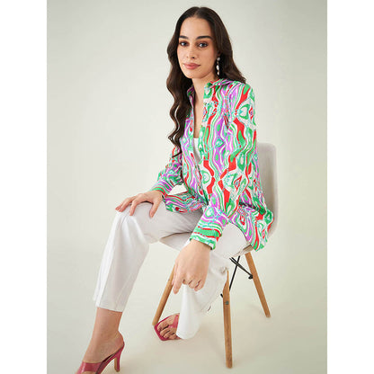 First Resort by Ramola Bachchan Green and Orange Marine Wave Print Shirt