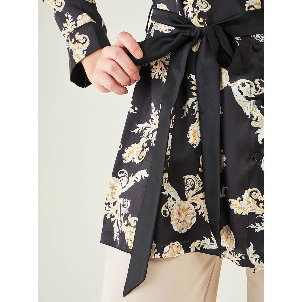 First Resort by Ramola Bachchan Black Baroque Print Shirt with Belt (Set of 2)