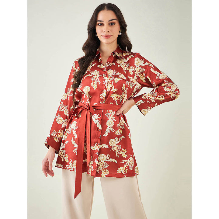 First Resort by Ramola Bachchan Red Baroque Print Shirt with Belt (Set of 2)