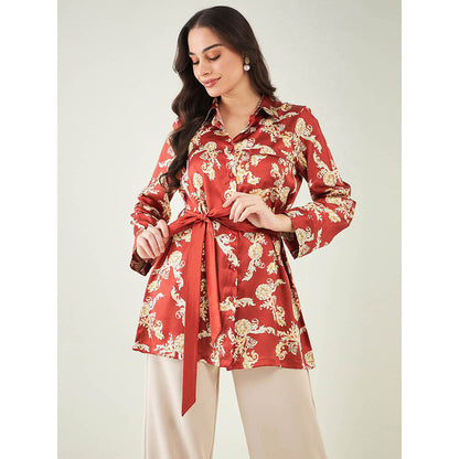 First Resort by Ramola Bachchan Red Baroque Print Shirt with Belt (Set of 2)