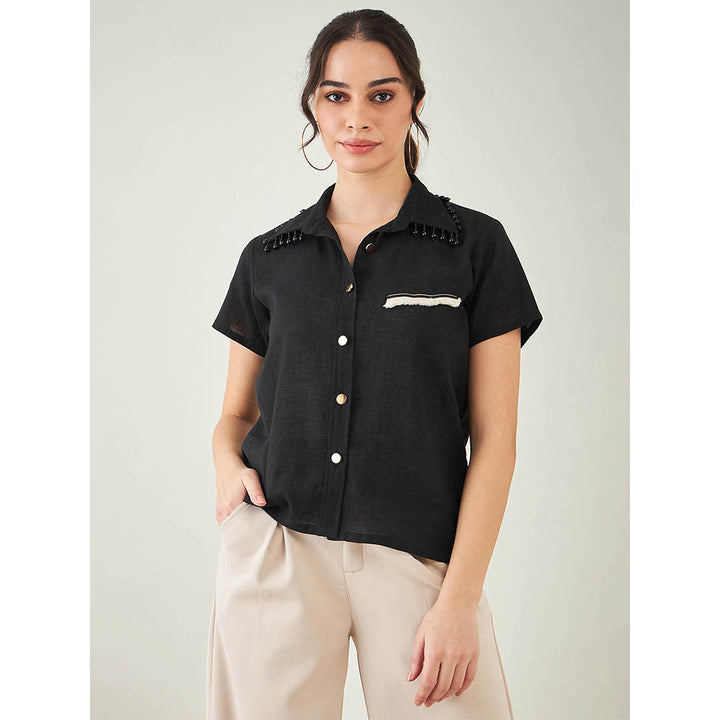 First Resort by Ramola Bachchan Black Linen Shirt with Lace Detail