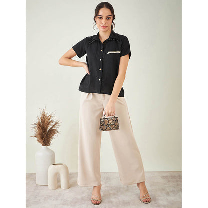 First Resort by Ramola Bachchan Black Linen Shirt with Lace Detail