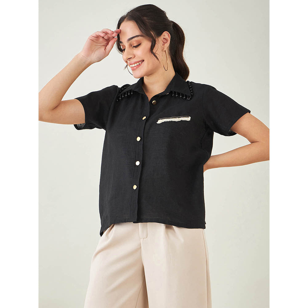 First Resort by Ramola Bachchan Black Linen Shirt with Lace Detail