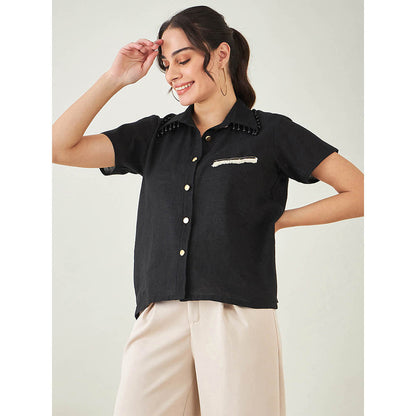 First Resort by Ramola Bachchan Black Linen Shirt with Lace Detail
