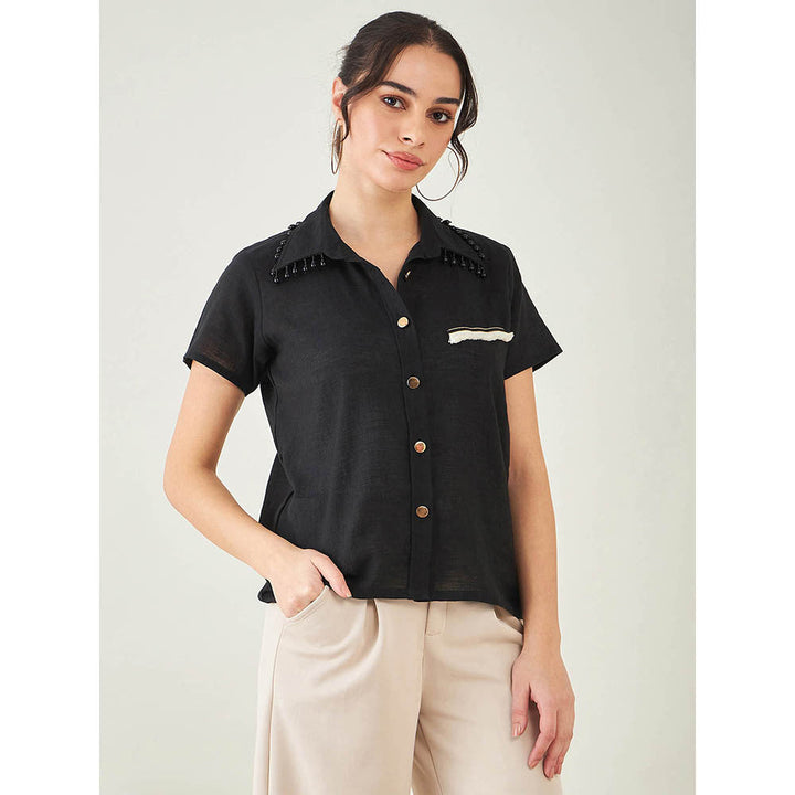 First Resort by Ramola Bachchan Black Linen Shirt with Lace Detail