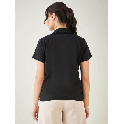First Resort by Ramola Bachchan Black Linen Shirt with Lace Detail