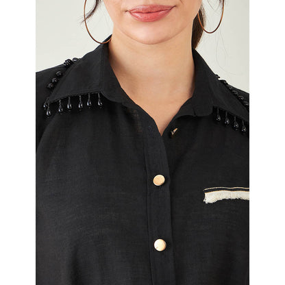 First Resort by Ramola Bachchan Black Linen Shirt with Lace Detail