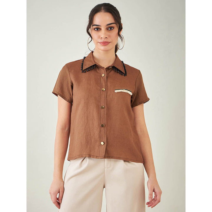 First Resort by Ramola Bachchan Brown Linen Shirt with Lace Detail