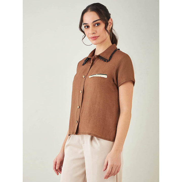 First Resort by Ramola Bachchan Brown Linen Shirt with Lace Detail