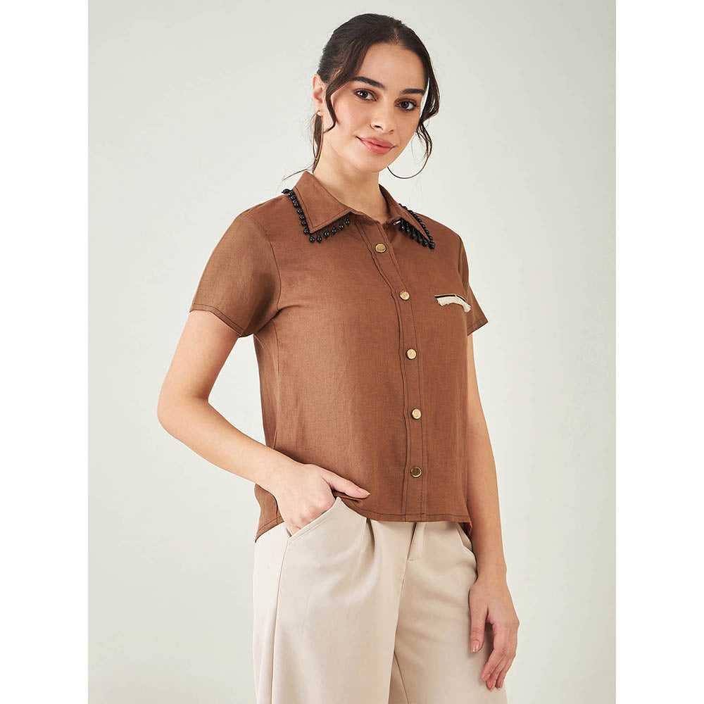 First Resort by Ramola Bachchan Brown Linen Shirt with Lace Detail