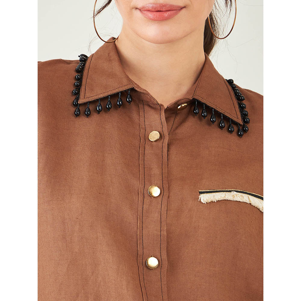 First Resort by Ramola Bachchan Brown Linen Shirt with Lace Detail