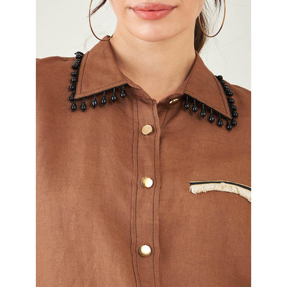 First Resort by Ramola Bachchan Brown Linen Shirt with Lace Detail