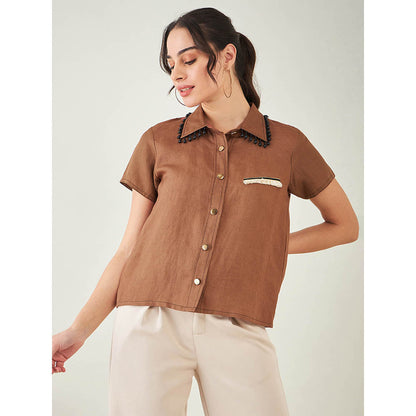 First Resort by Ramola Bachchan Brown Linen Shirt with Lace Detail