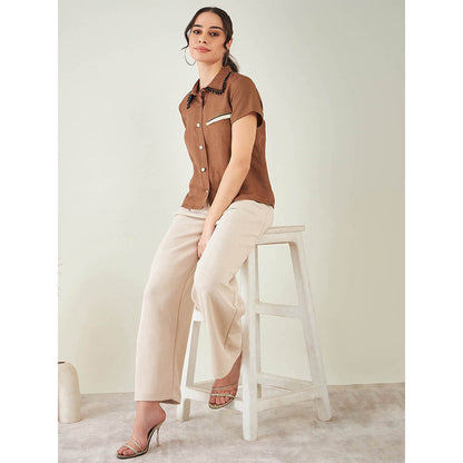 First Resort by Ramola Bachchan Brown Linen Shirt with Lace Detail