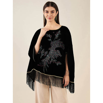First Resort by Ramola Bachchan Black Embroidered Velvet Poncho