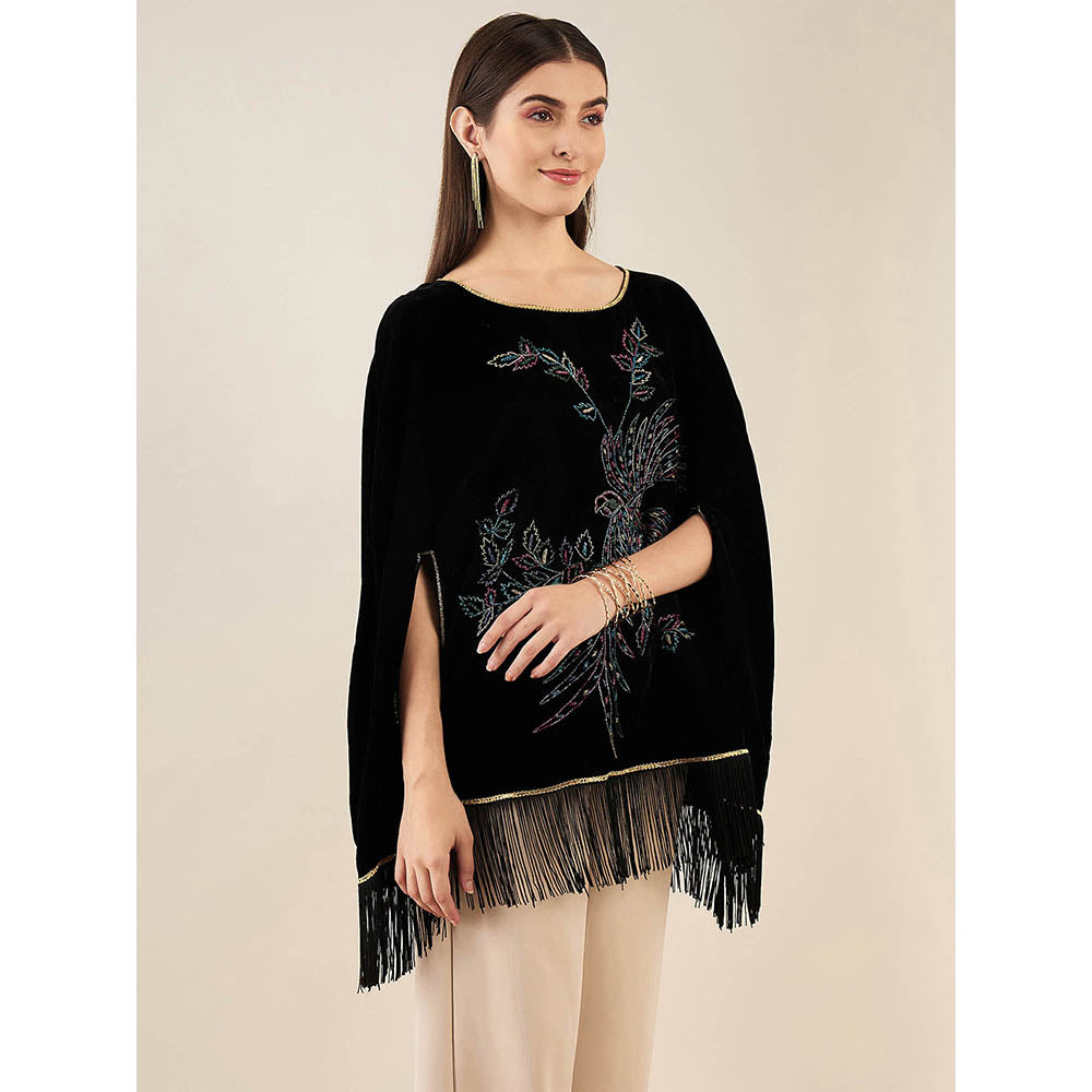 First Resort by Ramola Bachchan Black Embroidered Velvet Poncho