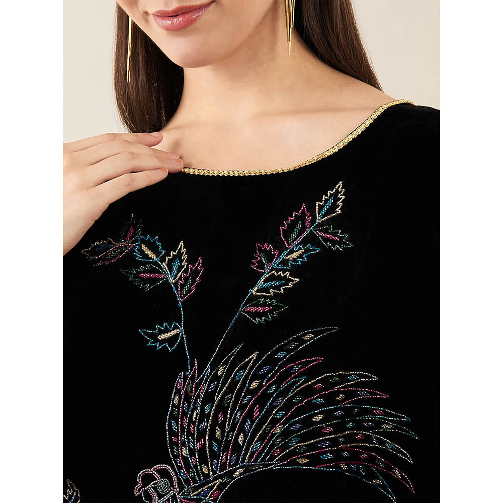 First Resort by Ramola Bachchan Black Embroidered Velvet Poncho