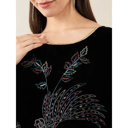 First Resort by Ramola Bachchan Black Embroidered Velvet Poncho