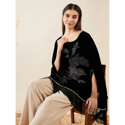 First Resort by Ramola Bachchan Black Embroidered Velvet Poncho