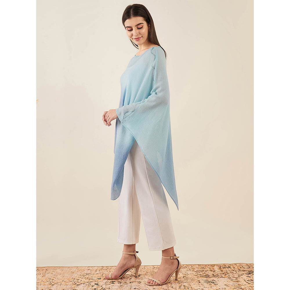 First Resort by Ramola Bachchan Blue Ombre Embellished Cashmere Poncho