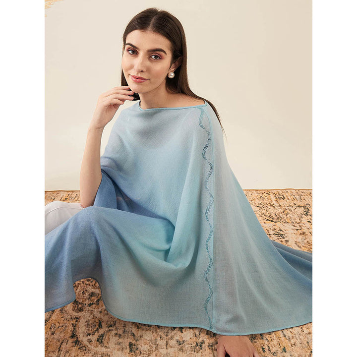 First Resort by Ramola Bachchan Blue Ombre Embellished Cashmere Poncho