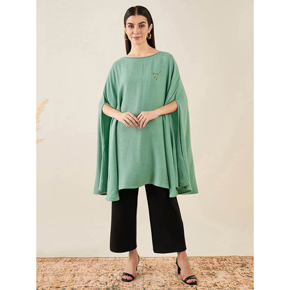 First Resort by Ramola Bachchan Seafood Green Embellished Long Cashmere Poncho