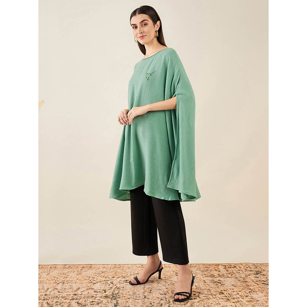 First Resort by Ramola Bachchan Seafood Green Embellished Long Cashmere Poncho