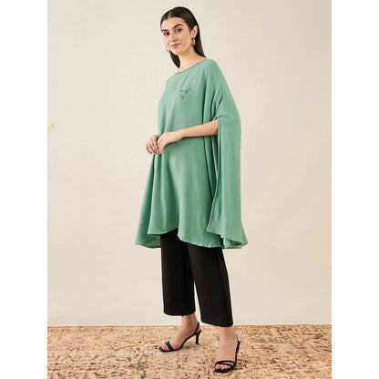 First Resort by Ramola Bachchan Seafood Green Embellished Long Cashmere Poncho