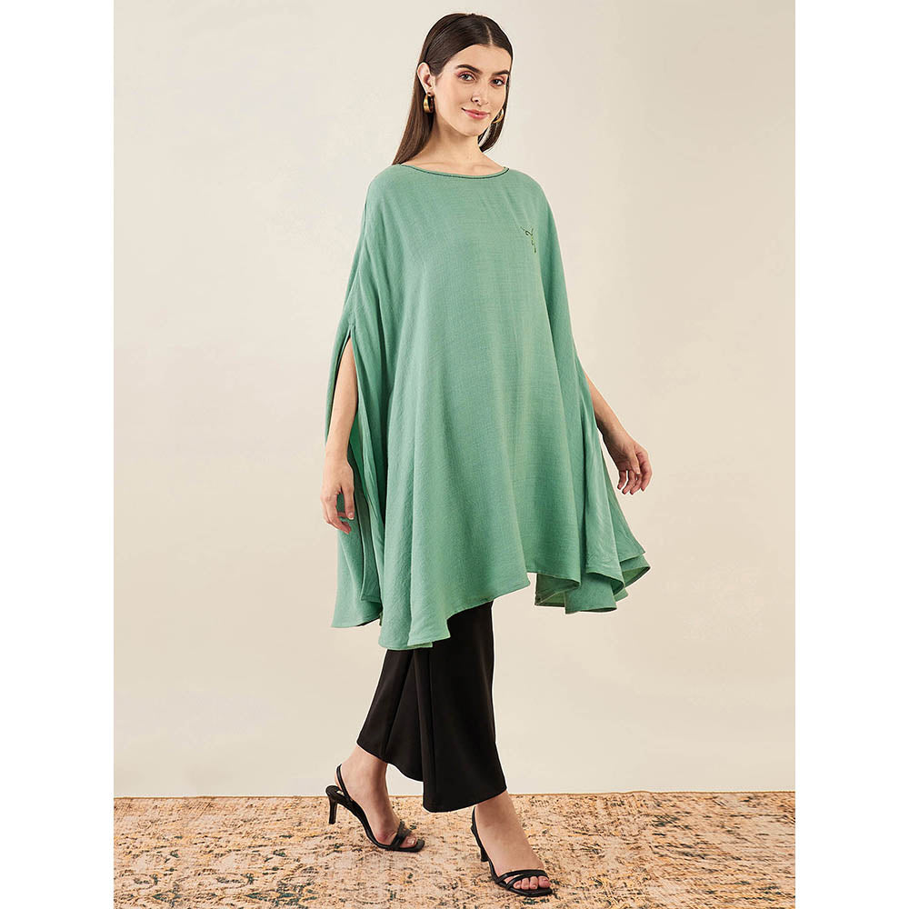 First Resort by Ramola Bachchan Seafood Green Embellished Long Cashmere Poncho