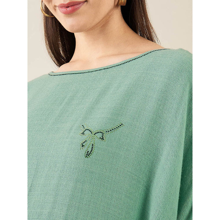 First Resort by Ramola Bachchan Seafood Green Embellished Long Cashmere Poncho