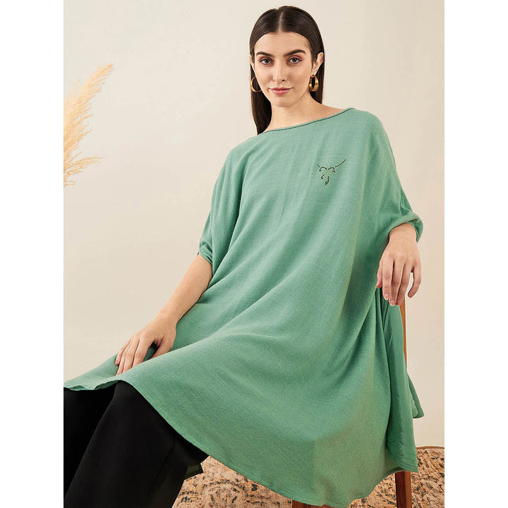 First Resort by Ramola Bachchan Seafood Green Embellished Long Cashmere Poncho