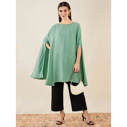 First Resort by Ramola Bachchan Seafood Green Embellished Long Cashmere Poncho