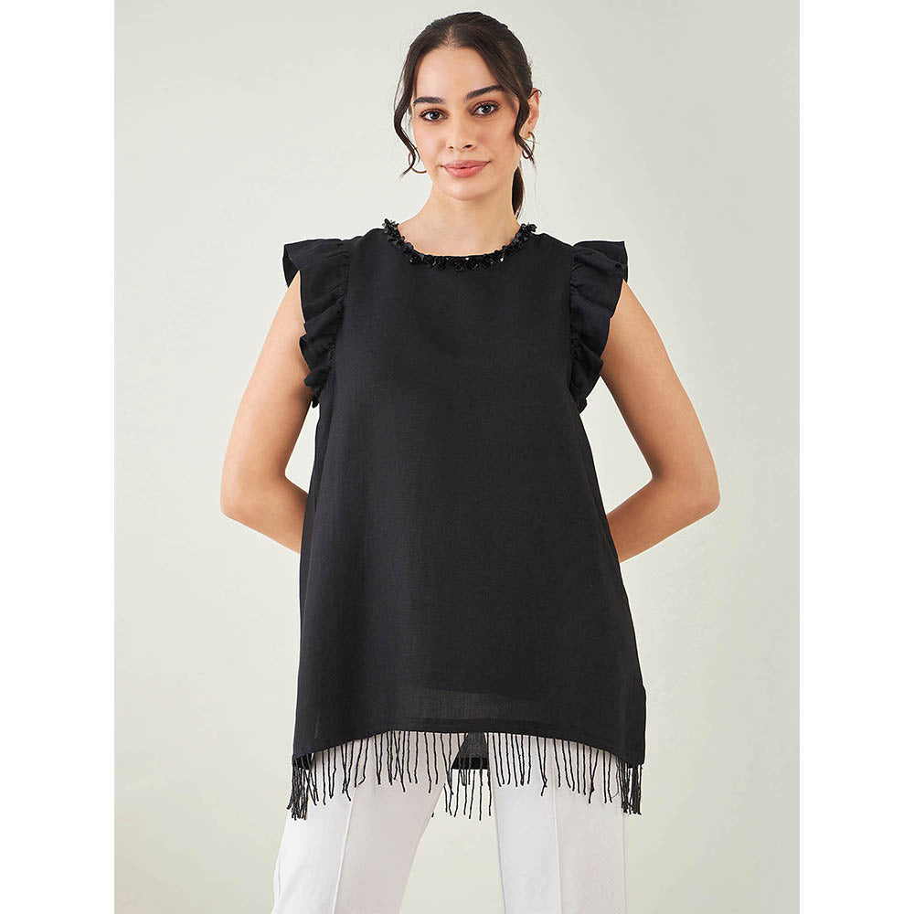 First Resort by Ramola Bachchan Black Linen Top with Bead Lace