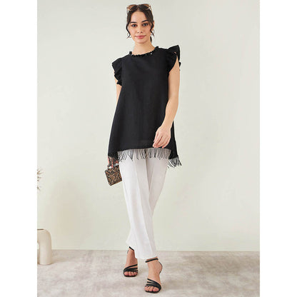 First Resort by Ramola Bachchan Black Linen Top with Bead Lace