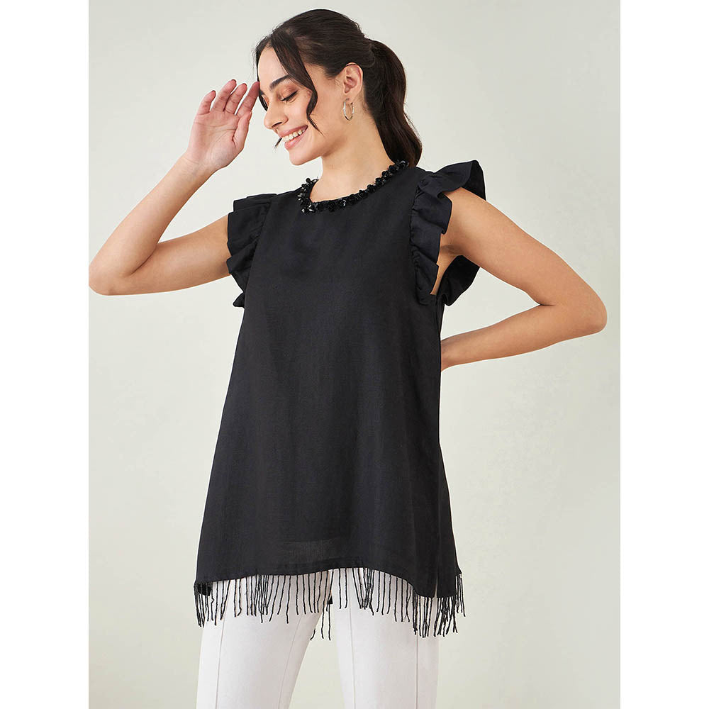 First Resort by Ramola Bachchan Black Linen Top with Bead Lace