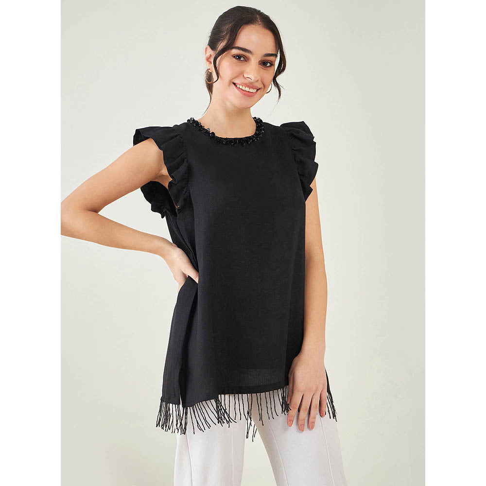 First Resort by Ramola Bachchan Black Linen Top with Bead Lace