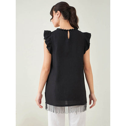 First Resort by Ramola Bachchan Black Linen Top with Bead Lace
