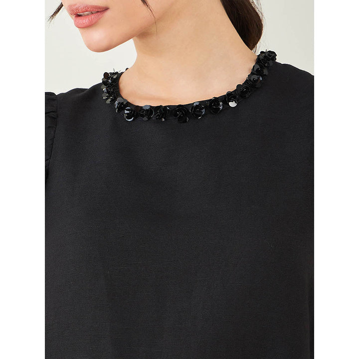 First Resort by Ramola Bachchan Black Linen Top with Bead Lace