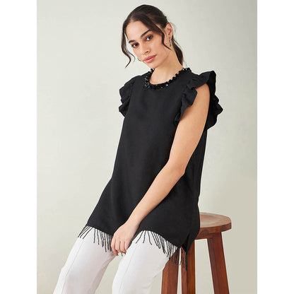 First Resort by Ramola Bachchan Black Linen Top with Bead Lace