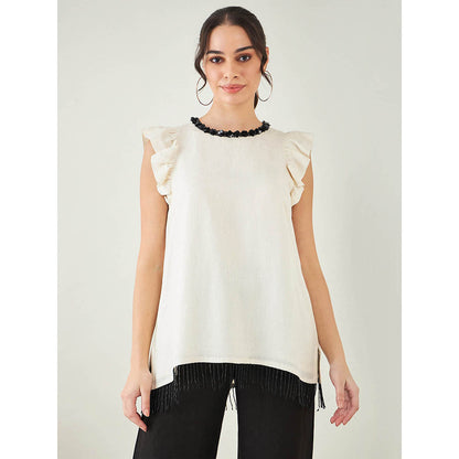 First Resort by Ramola Bachchan Off White Linen Top with Bead Lace